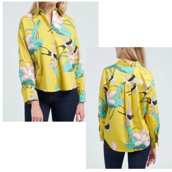 Psophia (Vazquez de Castro) Rare Find Button Down Tropical Blouse, Yellow - L - Picture 11 of 11